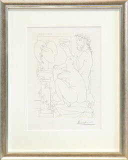 Bild "Sculpteur avec Coupe et Modèle accroupi" - aus der "Suite Vollard" (1992), gerahmt von Pablo Picasso