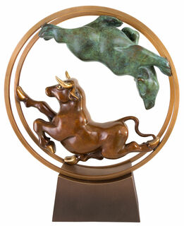 Skulptur "Bulle und Bär im Rad", Bronze von Jagna Weber