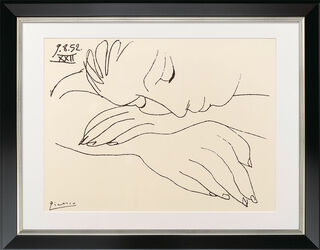 Bild "War and Peace - Sleeping woman" (1952), Version schwarz-silberfarben gerahmt von Pablo Picasso