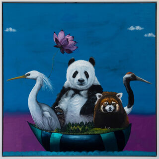 Bild "Serie Fernweh | Schmuckreiher, Pandabär, westlicher kleiner Panda und Mandschurenkranich" (2023) (Unikat) von Lezzueck Coosemans