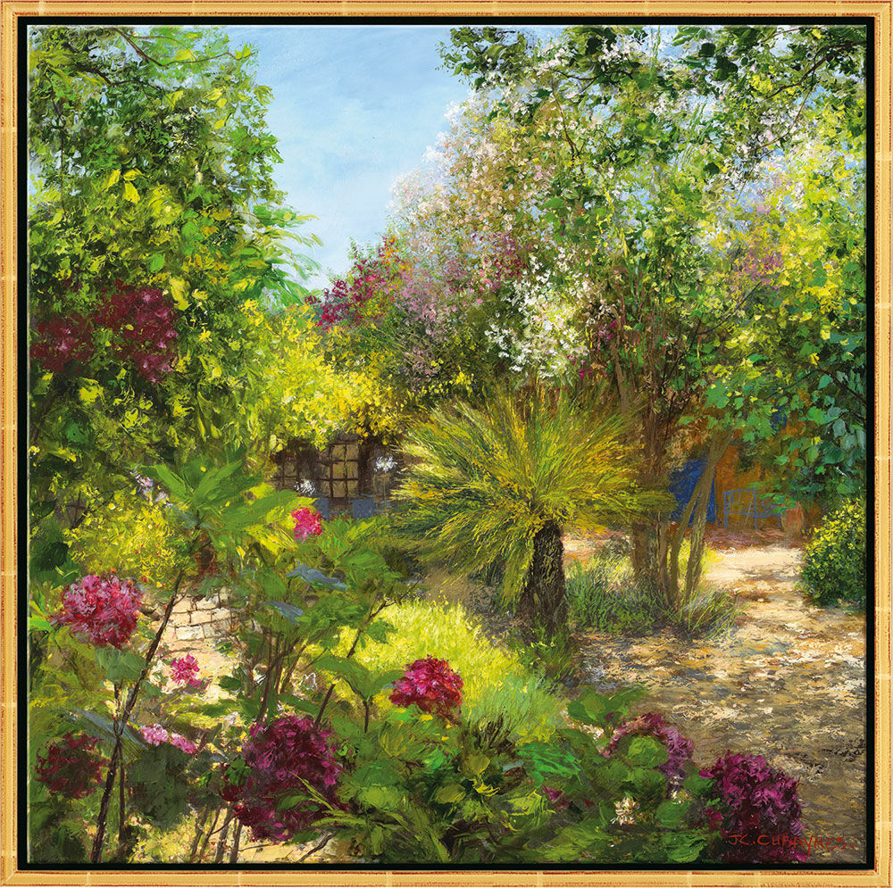 Bild "Le Jardin, St. Tropez", Version goldfarben gerahmt von Jean-Claude Cubaynes