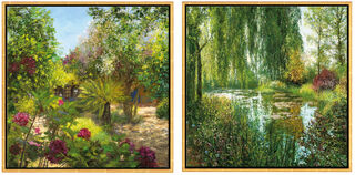 2 Bilder "Le Jardin, St. Tropez" + "Giverny le Soir" im Set, Version goldfarben gerahmt von Jean-Claude Cubaynes