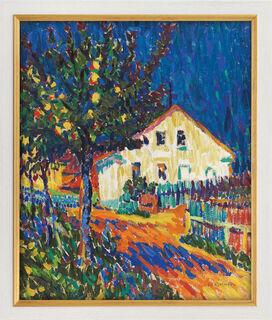 Bild "Dorfstraße mit Apfelbäumen" (1907), Version weiß-goldfarben gerahmt von Ernst Ludwig Kirchner