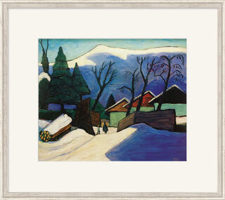 Bild "Drei Häuser im Schnee" (1933), gerahmt von Gabriele Münter