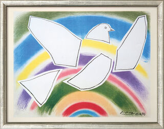 Bild "Fliegende Taube im Regenbogen" (1952), gerahmt von Pablo Picasso