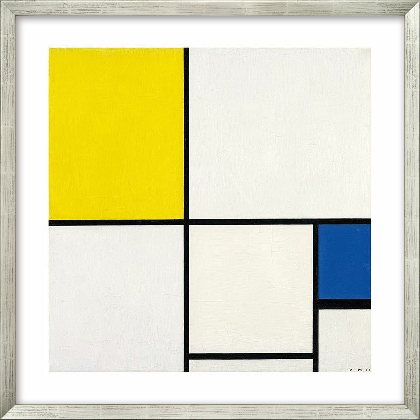Bild "Komposition mit Gelb und Blau" (1932), gerahmt von Piet Mondrian